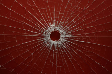 Shattered glass with a distinct central impact hole and a network of fine cracks radiating outwards. abstract texture of broken glass on a dark red surface, symbolizing damage, accident, and fragility.の素材