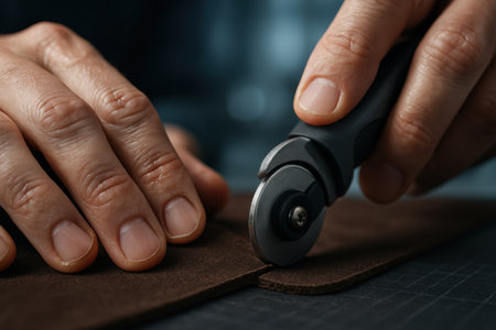 Artisan skilled hands meticulously cut a piece of dark brown suede leather using a sharp rotary cutter, showcasing craftsmanship and precision in leatherwork.の素材