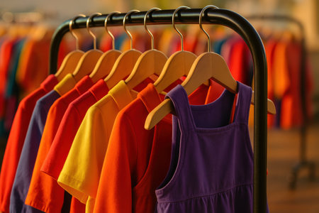 Vibrant children clothing, including t shirts and a dress, displayed on wooden hangers on a retail rack. colorful garments in yellow, red, orange, and purple for kids.の素材