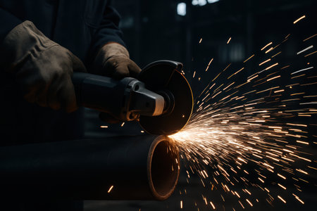 Worker hands in protective gloves operating an angle grinder, cutting a metal pipe with a shower of bright sparks. industrial work, craftsmanship, and safety.の素材