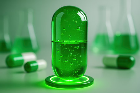 Translucent capsule filled with vibrant green liquid and bubbles, standing on a glowing base. background shows blurred laboratory flasks and other capsules, symbolizing scientific research, medicine, and innovation.の素材