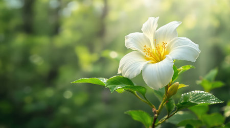 White flower with a vibrant golden yellow center and delicate petals, surrounded by lush green leaves with glistening dew drops, bathed in soft sunlight against a blurred natural background.の素材