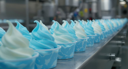 Rows of blue and white swirled soft serve desserts in patterned cups on a conveyor belt, illustrating automated food production in a modern factory setting.の素材