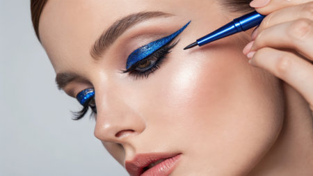 Woman applying shimmering sapphire blue liquid eyeliner to her eyelid, creating a precise winged line. focus on beauty, cosmetic application, and vibrant eye makeup.の素材