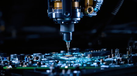 Robotic arm meticulously inserting a tiny component onto a complex circuit board. modern technology and automation in electronics manufacturing process.の素材