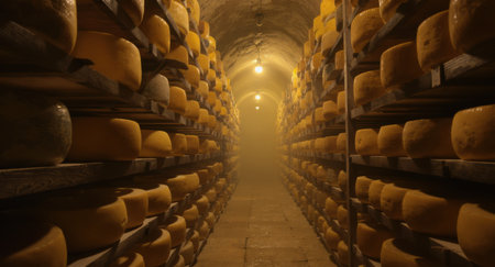 Numerous cheese wheels aging on wooden shelves in a long, dimly lit cellar, creating an atmospheric and traditional food production scene.の素材
