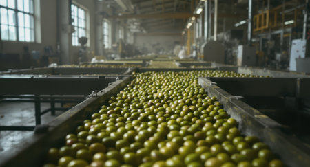 Fresh green olives are transported along automated conveyor belts inside a large industrial food processing factory, highlighting modern agricultural production and efficiency.の素材