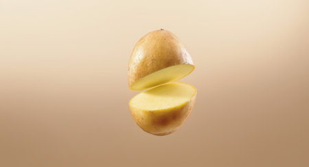 Fresh raw potato sliced in half diagonally, with its two halves separated and levitating in mid air. healthy vegetable, natural food ingredient, and cooking concept.の素材