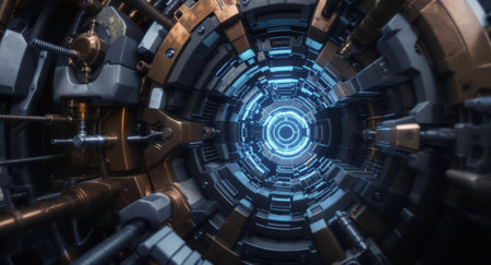 Hyper detailed futuristic mechanical tunnel with glowing blue energy conduit at its core, surrounded by intricate metallic components, pipes, and gears, evoking advanced technology and industrial design.の素材