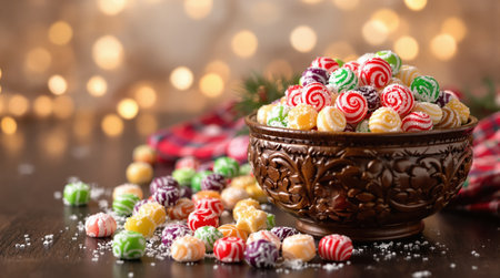 Vibrant swirl candies and hard sweets fill a decorative wooden bowl, surrounded by scattered sugar crystals on a dark table with warm, festive bokeh lights in the background, evoking holiday cheer.の素材