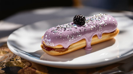 Eclair with smooth lavender glaze, sparkling silver sprinkles, and a fresh blackberry on a minimalist white ceramic plate, showcasing gourmet dessert and pastry artistry.の素材