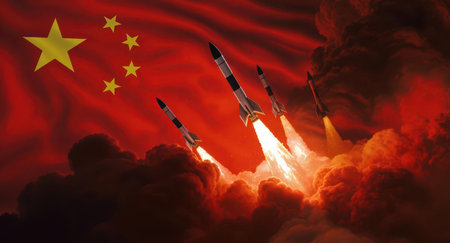 Waving chinese flag with multiple long range missiles launching upwards from a dense, fiery cloudscape, depicting military power, global conflict, and geopolitical tension.の素材