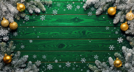 Festive holiday backdrop featuring frosted pine branches and golden christmas ornaments framing a vibrant green wooden surface, adorned with delicate white snowflakes.の素材