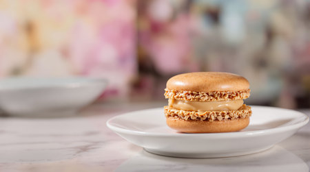 Single glossy caramel macaron with a rich, creamy filling and crunchy edges, elegantly presented on a white plate. delicious french pastry, sweet dessert, gourmet food concept.の素材