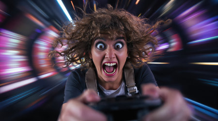 Woman with an exaggerated expression of fear and wide eyes screams while playing an intense video game, immersed in a fast moving virtual tunnel environment. captures extreme emotion, speed, and immersive gaming experience.の素材