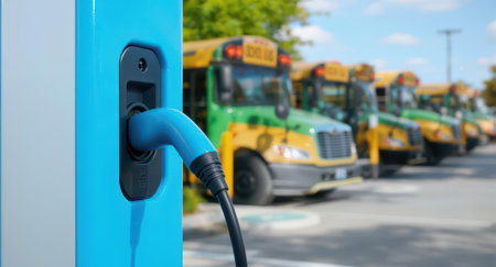 Electric vehicle charging station with a blue cable plugged in, in front of a blurred fleet of yellow and green school buses. represents sustainable transportation and future energy.の素材