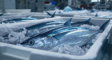 Freshly caught large tuna fish with glistening scales displayed on crushed ice in white plastic crates, ready for sale at a bustling fish market or processing plant.の素材