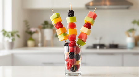 Vibrant fruit skewers featuring cubed watermelon, cantaloupe, honeydew, raspberries, and blackberries, presented in a glass on a bright kitchen counter. healthy, fresh, and colorful snack.の素材