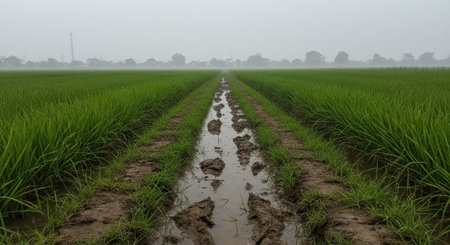 Muddy path winding through lush green rice paddies under a hazy sky. agricultural landscape with young rice plants, water, and a serene, misty atmosphere.の素材