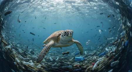 Green sea turtle navigating through a dense gyre of plastic bottles, bags, and marine debris in a polluted ocean, highlighting environmental crisis and ocean conservation.の素材