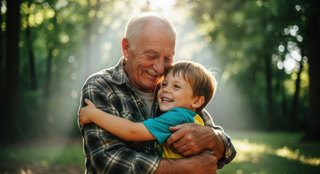 Proud grandfather and young grandson sharing a happy embrace outdoors. sunlight filters through trees, highlighting their loving bond and family connection.の素材