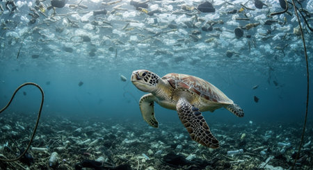 Green sea turtle swimming underwater amidst a vast accumulation of plastic bottles, bags, and debris. illustrates marine pollution, environmental crisis, and ocean ecosystem threat.の素材
