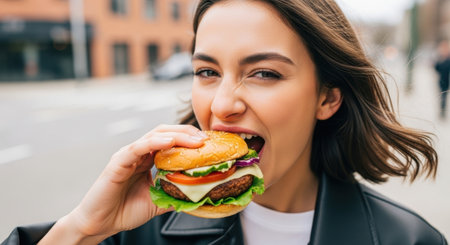 Young woman with a playful expression taking a large bite of a fresh, delicious burger with cheese, lettuce, and tomato on a city street. represents fast food, urban lifestyle, and enjoyment.の素材