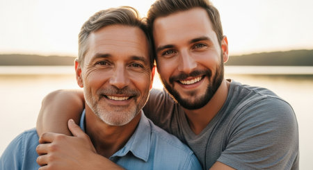 Happy caucasian father and adult son smiling and embracing outdoors. warm light illuminates their faces, symbolizing family bond, love, and togetherness.の素材