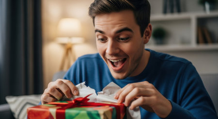 Excited young man unwrapping a vibrant gift box, revealing a look of genuine surprise and happiness. perfect for celebrations and holidays.の素材