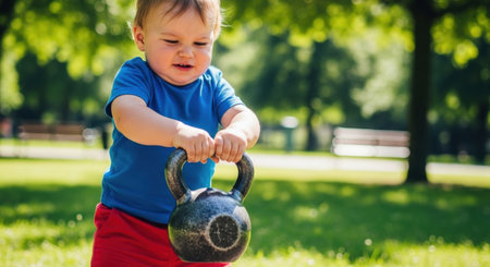 Determined toddler boy in blue t shirt and red shorts attempts to lift a heavy kettlebell in a vibrant green park, symbolizing strength, growth, and early fitness.の素材
