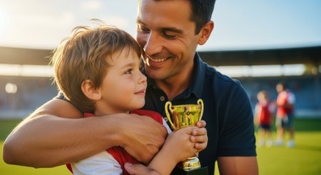 Proud father embraces his young son holding a golden trophy on a sunny sports field. celebrating victory and success in a heartwarming moment.の素材
