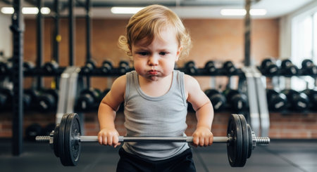 Determined toddler with a furrowed brow and puffed cheeks attempting to lift a small barbell in a modern gym. concept of early development, strength, and humor.の素材