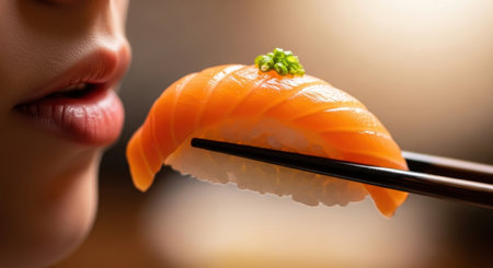 Woman lips approaching a piece of fresh salmon nigiri sushi, held by dark chopsticks. the sushi features bright orange salmon over white rice, garnished with green herbs. focus on healthy, delicious asian cuisine.の素材
