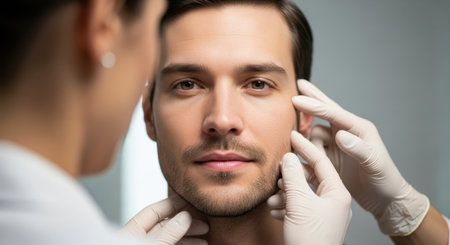 Man face being examined by a dermatologist wearing white gloves, focusing on skin health, beauty, and cosmetic care assessment.の素材