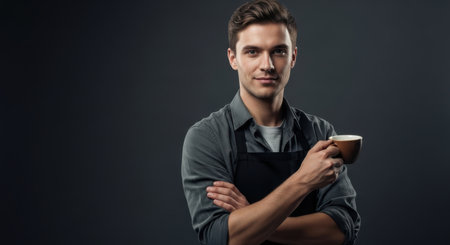 Young adult male barista wearing a black apron, confidently standing with arms crossed, holding a coffee cup and smirking. professional service concept.の素材