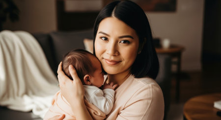 Young asian mother gently holds her newborn baby, looking at the camera with a serene expression. motherhood, bonding, and new life in a warm home setting.の素材
