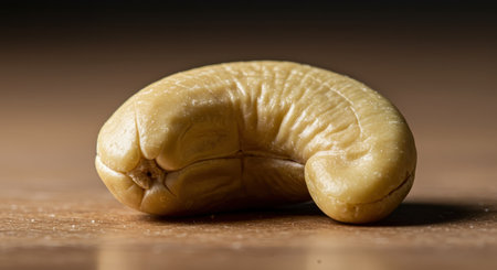 Single raw cashew nut, creamy beige in color, displaying its distinctive curved shape and natural texture. a healthy and nutritious food ingredient or snack option.の素材