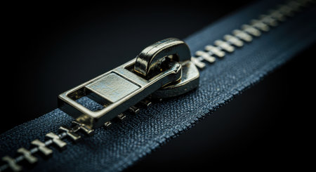 Shiny metallic zipper pull and teeth on a dark blue fabric tape, captured with a macro lens. the detailed texture highlights the craftsmanship and durability of the fastening mechanism.の素材
