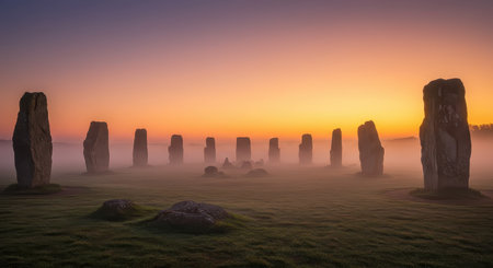 Megalithic stone circle standing tall in a misty field at dawn, illuminated by a colorful sunrise. ancient monument shrouded in ethereal fog, evoking mystery and history.の素材