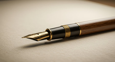 Detailed close up of a classic fountain pen with a golden nib and a wooden body. represents timeless writing, education, business, luxury, and sophisticated communication.の素材