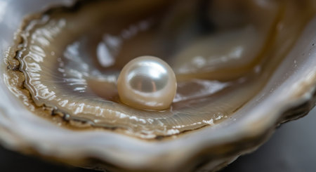 Lustrous white pearl rests within an open oyster shell, showcasing its natural beauty and iridescence. symbolizes rarity, value, luxury, and hidden treasure from the ocean.の素材