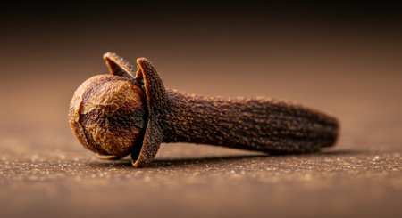 Single dried clove spice, macro shot showcasing its texture and form on a dark brown background. used in cooking, baking, and traditional medicine for its aromatic flavor.の素材