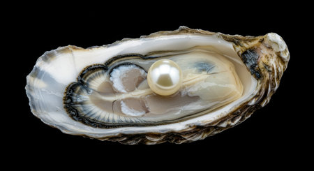 Open oyster shell with a single lustrous white pearl resting on its soft interior. represents rarity, value, luxury, and hidden treasure from the ocean.の素材