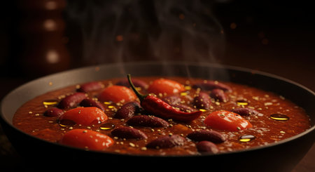 Hot and spicy chili stew with kidney beans, fresh tomatoes, and a whole red pepper, garnished with sesame seeds and oil droplets. a warming comfort food.の素材