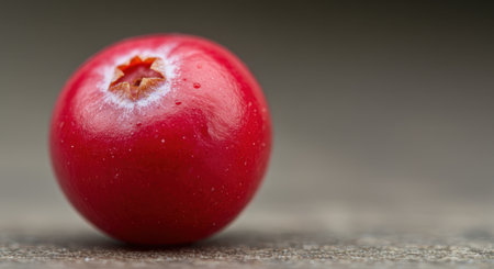 A single vibrant red cranberry is captured in a detailed macro shot, highlighting its texture and natural color. perfect for healthy food, autumn, and holiday themes.の素材