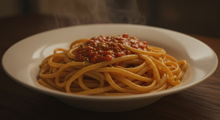 Hot spaghetti pasta topped with a vibrant red tomato sauce, garnished with herbs, served in a white bowl on a wooden table, steam rising.の素材