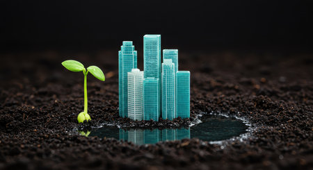 Vibrant green sprout emerges from rich dark soil, positioned beside miniature city buildings with reflections in a nearby water pool. symbolizes environmental growth and urban sustainability.の素材
