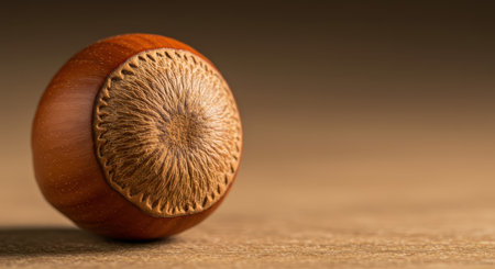 Single hazelnut captured in a detailed close up, showcasing its natural texture, warm brown tones, and intricate shell patterns. highlights healthy eating, natural ingredients, and autumn harvest.の素材