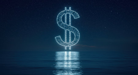Glowing dollar sign constellation reflecting on a tranquil ocean under a starry night sky. symbolizes wealth, finance, aspiration, digital economy, and cosmic connection.の素材
