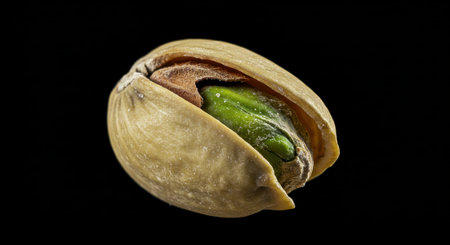Single pistachio nut with its shell partially open, revealing the vibrant green kernel. a healthy snack, rich in flavor and nutrients, perfect for a balanced diet.の素材